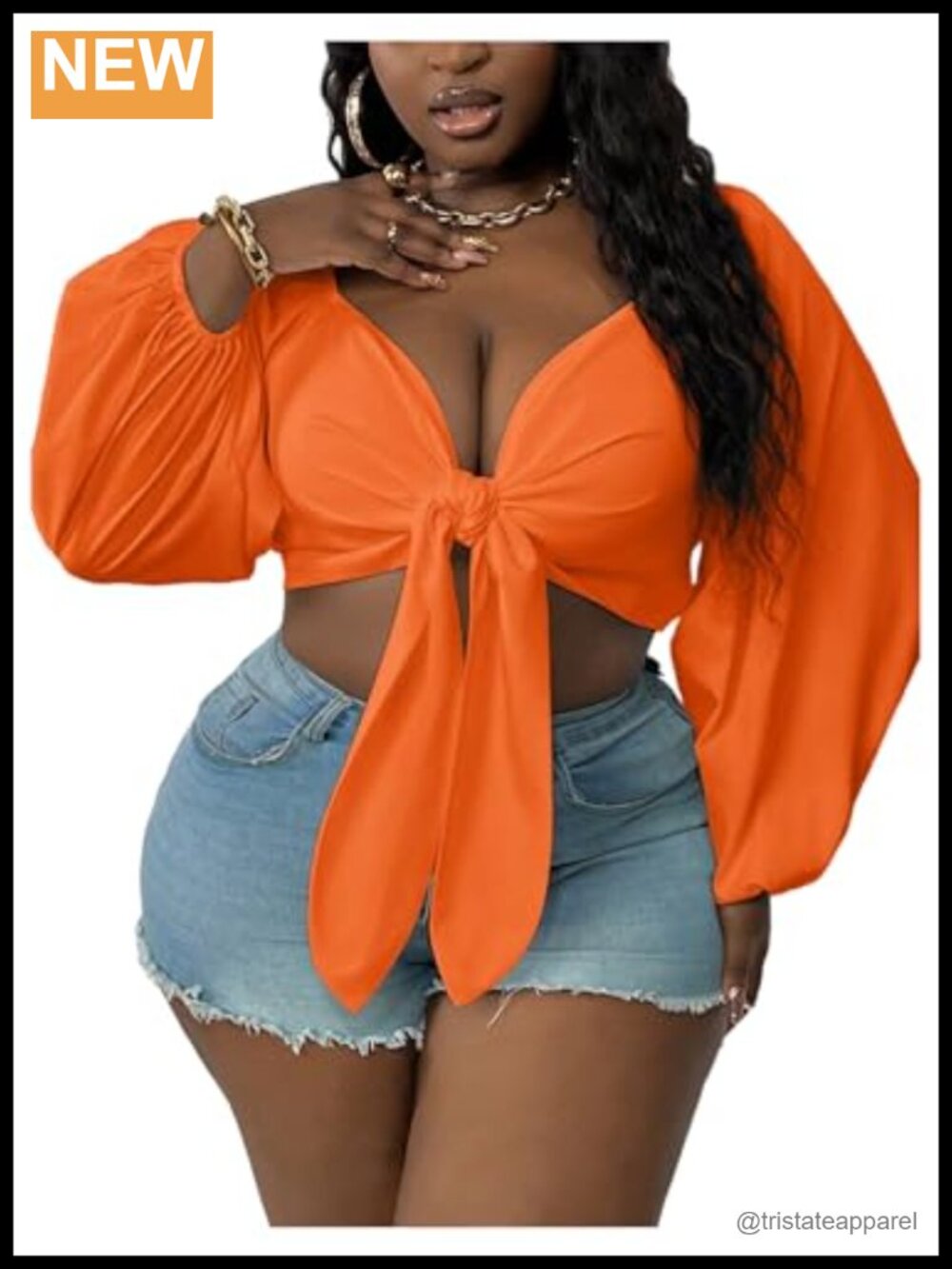 Plus Size Woven Crop Top Deep V Tie Front Long Sleeve Blouse